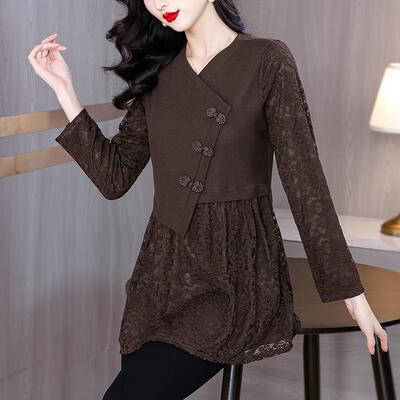 假两件蕾丝打底衫女装中长款v领遮屁股上衣新中式盘扣长袖小0922u
