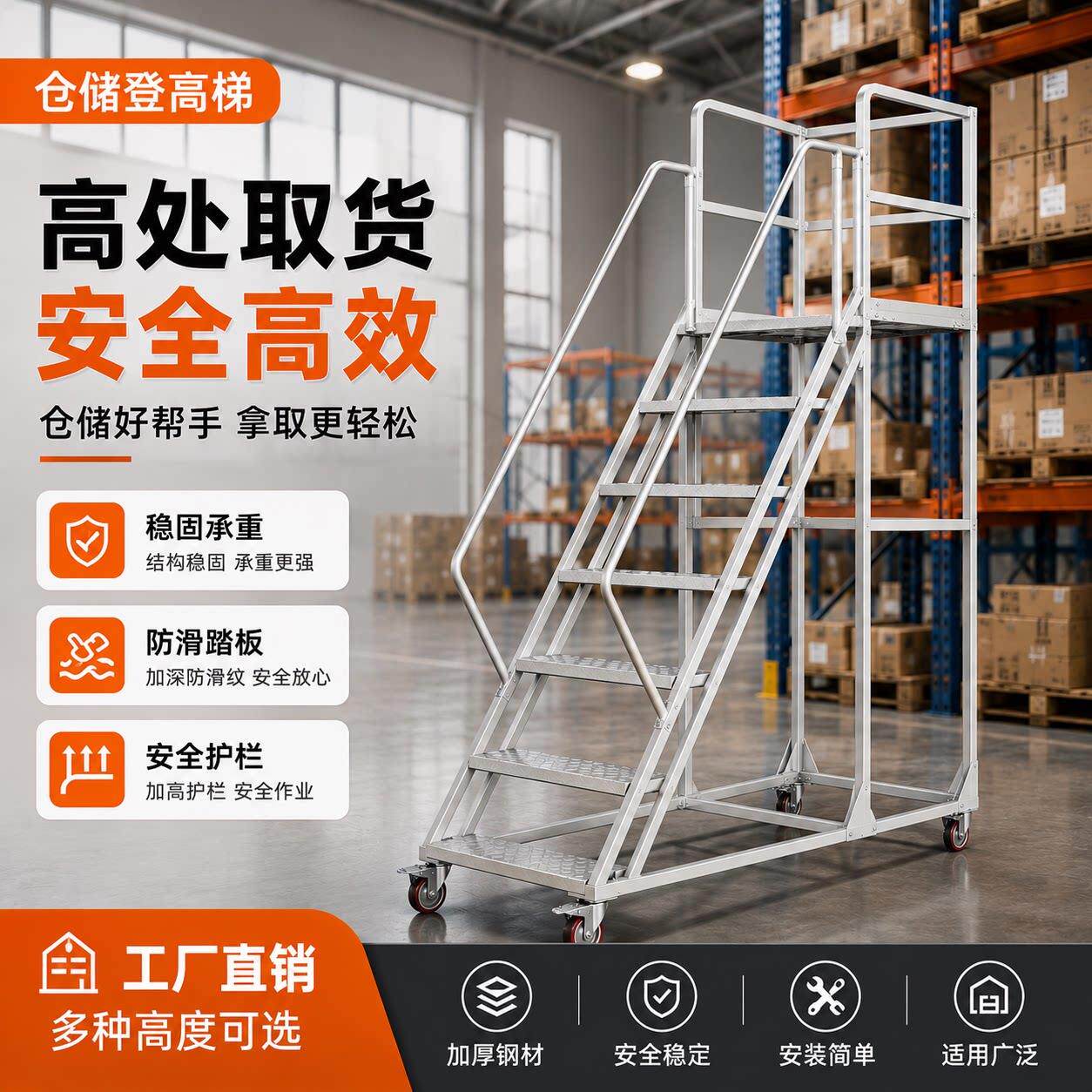 仓库登高车超市可移动式带围栏移动平台取货登高梯库房带轮可移动