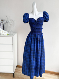 蓝色复古格子短袖连衣裙女夏季长裙高级感气质赫本风收腰显瘦裙子