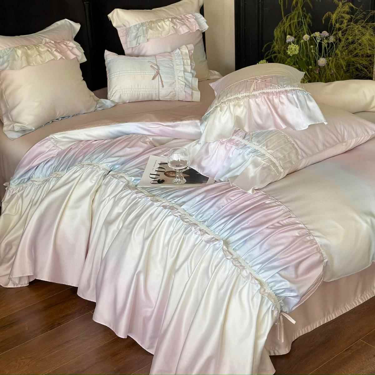 1花边工艺法式少女梦幻渐变天丝棉四件套公主工艺花边四季款床品