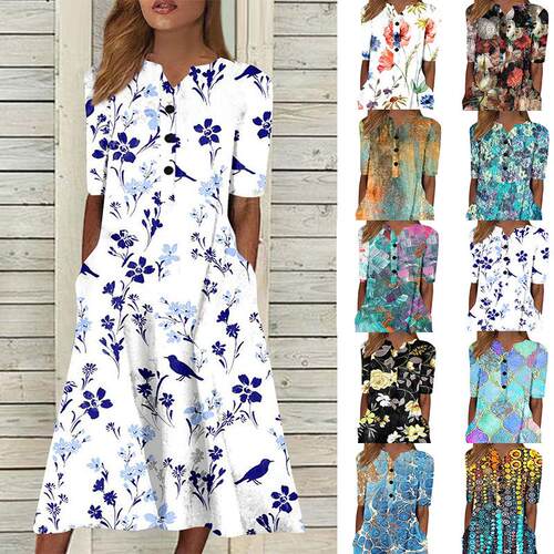 Women's printed short sleeved dress and skirt