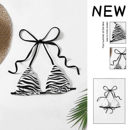 Printed lace up swimsuit women's neck hanging bikini top