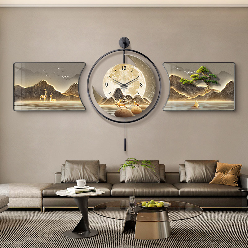 现代轻奢客厅装饰画背靠金山三联时钟壁画高档沙发背景墙钟表挂画