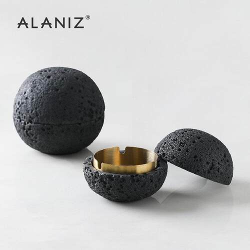alaniz南兹岩石带盖防风烟灰缸创意金属缸茶道配件家用客厅摆件