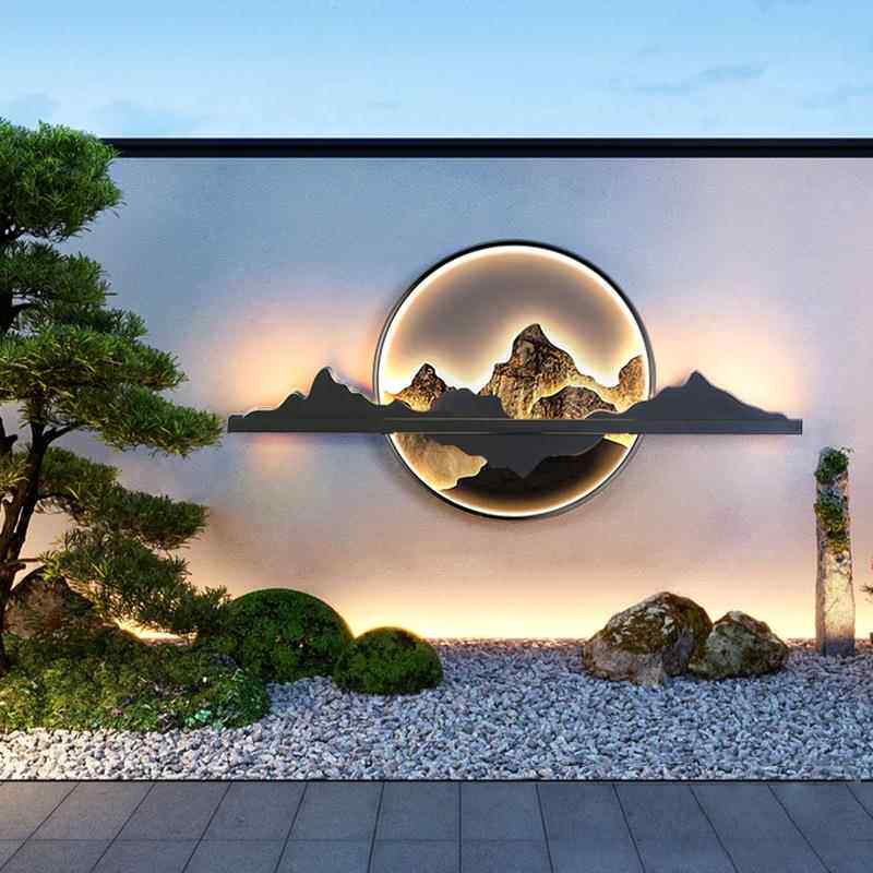 新中式户外壁灯防8320院水太阳能山子水庭别背景影壁墙院造景墅装