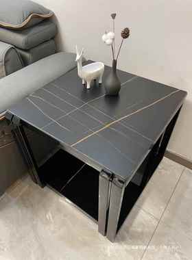 简约轻黑色不钢岩板角几发现PT1205代茶几沙边柜大理石边锈几方几