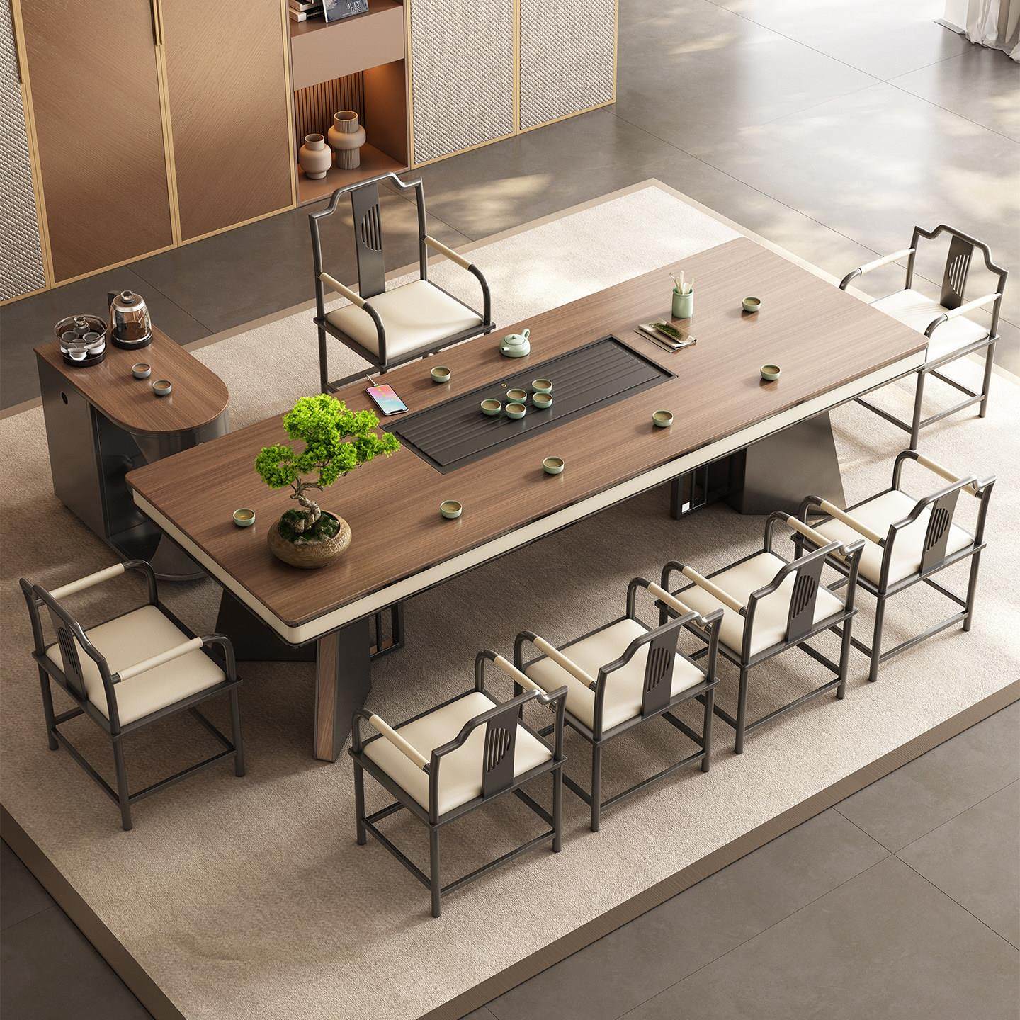 2025年新款木纹岩板大板茶桌椅组合一桌五椅新中式茶台办公室一体,住宅家具,家用茶台/茶桌,淘宝优惠券,粉丝福利购,淘宝优惠卷