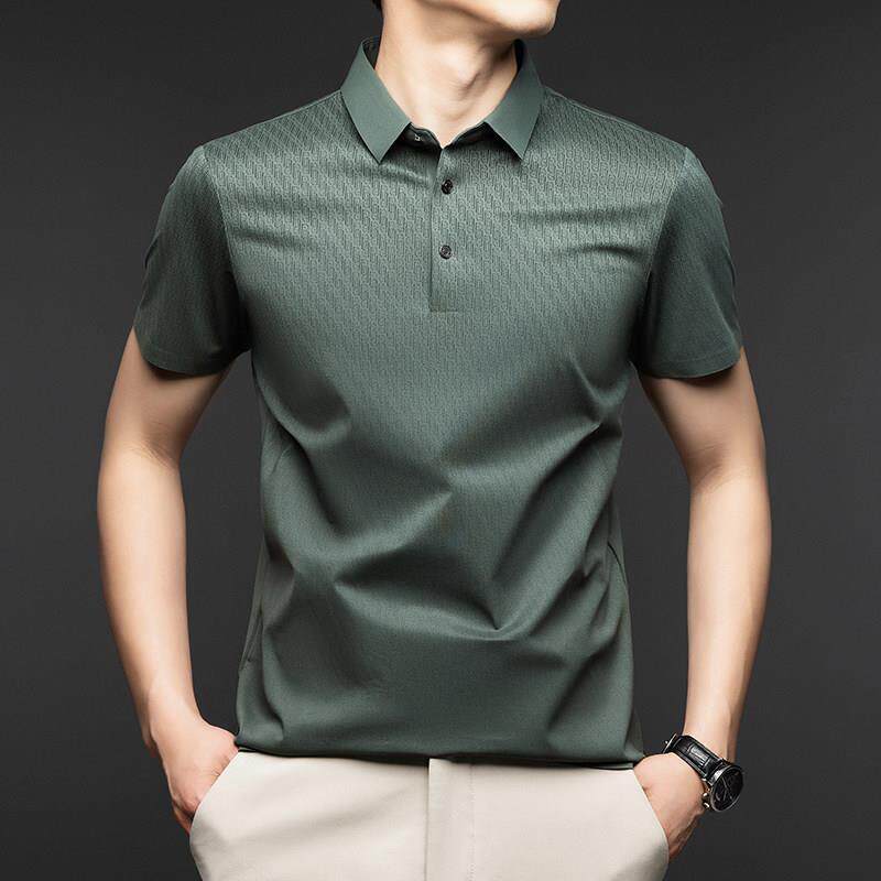 短袖T恤男2025夏季新款桑蚕丝无痕翻领商务休闲高端修身Polo衫潮