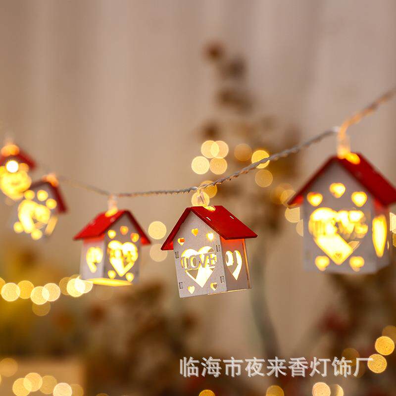 跨境圣诞木质小房子LED灯串 爱心木头屋子氛围五角星圣诞树装饰灯