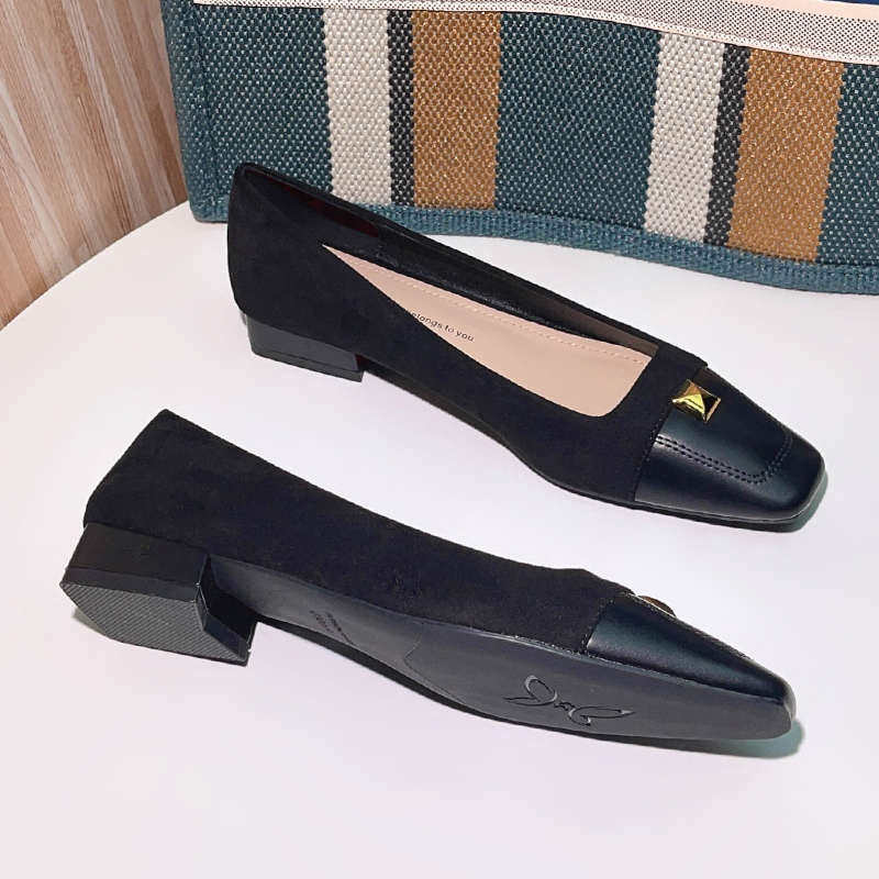 通勤方头浅口低跟工作黑色单鞋女2025年新款夏职业法式高跟鞋低跟