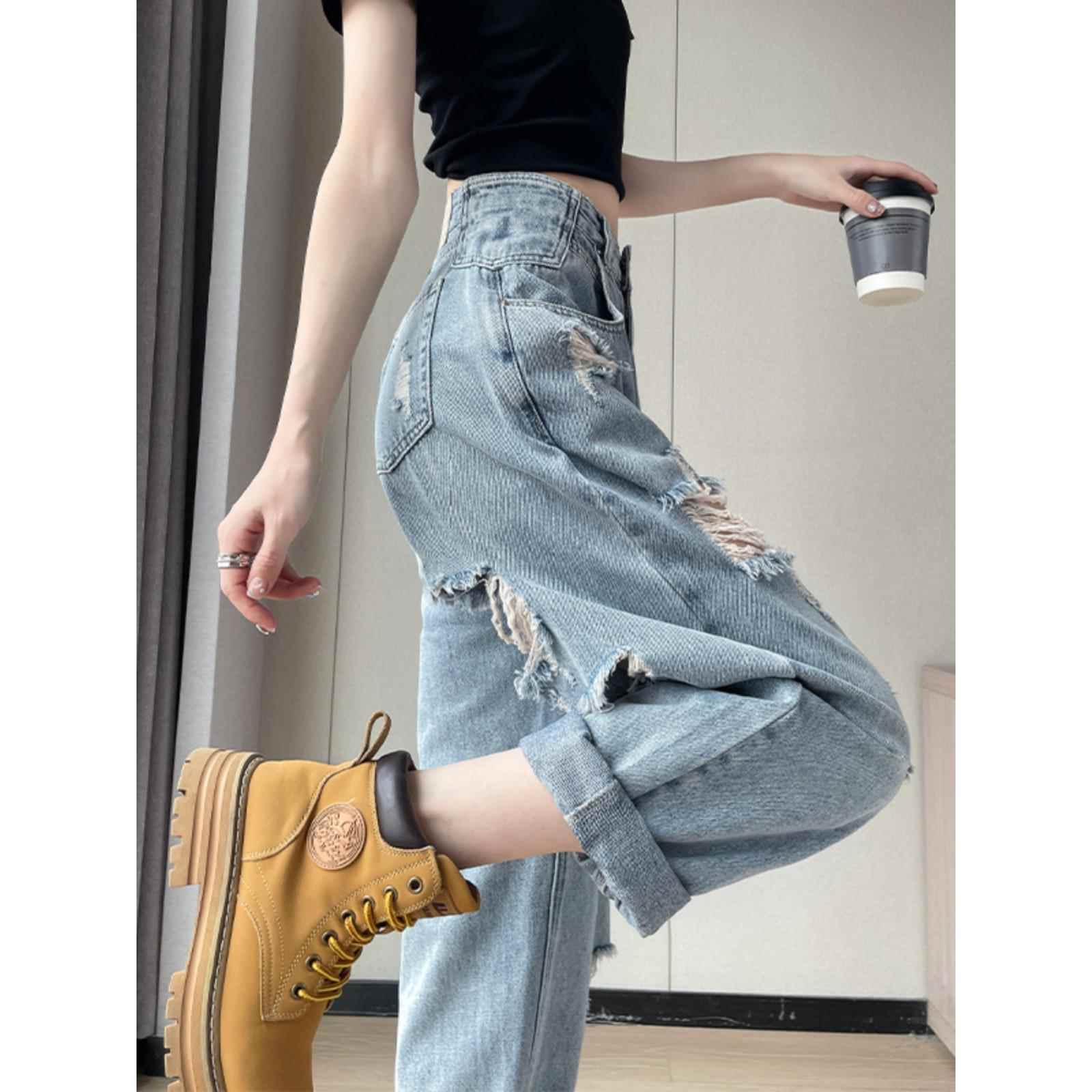 高腰破洞牛仔裤女小个子夏季薄款2025年新款宽松设计感老爹哈伦裤