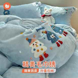 卡通圣诞帽小树牛奶绒四件套2024新款冬季珊瑚绒冬天加绒被套床单