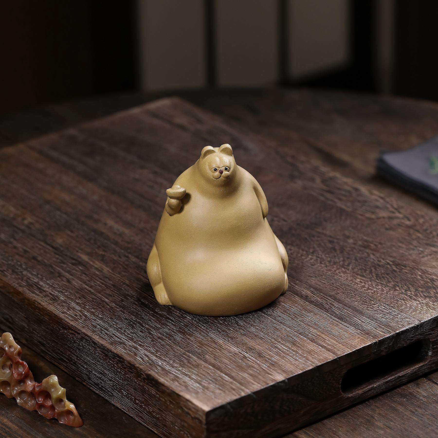 宜兴紫砂手工茶宠茶桌加菲猫配件茶可养茶宠摆件家居陶瓷雕塑