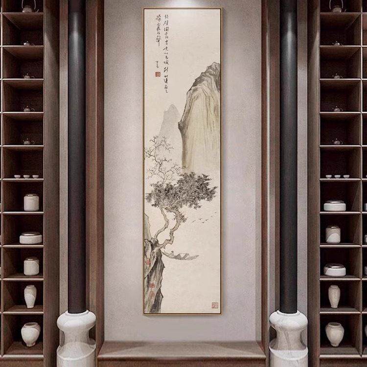 新中式山水画挂画玄关竖版长条装饰画沙发背景墙茶室书房国画挂画