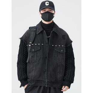 潮牌覆古水洗牛仔羽绒服男士冬季设计感重工针织拼接翻领夹克外套