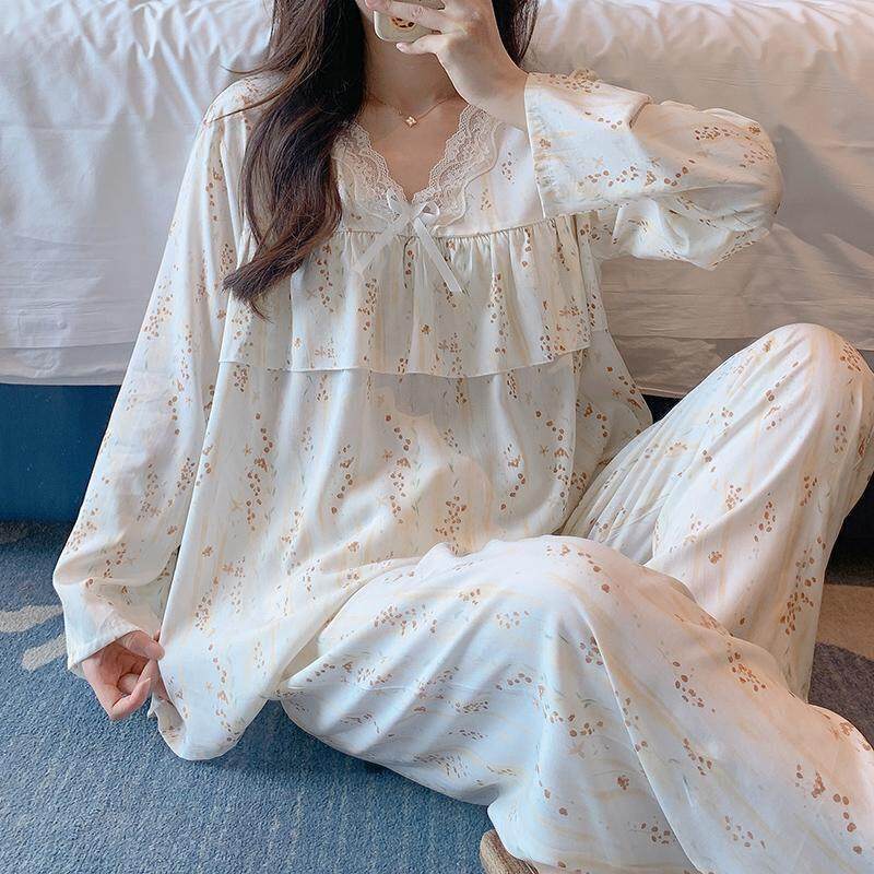 棉绸睡衣女春秋款防凸点韩版宽松可外穿家居服免穿内衣棉绸两件套