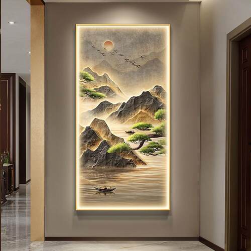 迎客松玄关装饰画入户门走廊过道挂画山水画客厅壁灯画晶瓷画室内