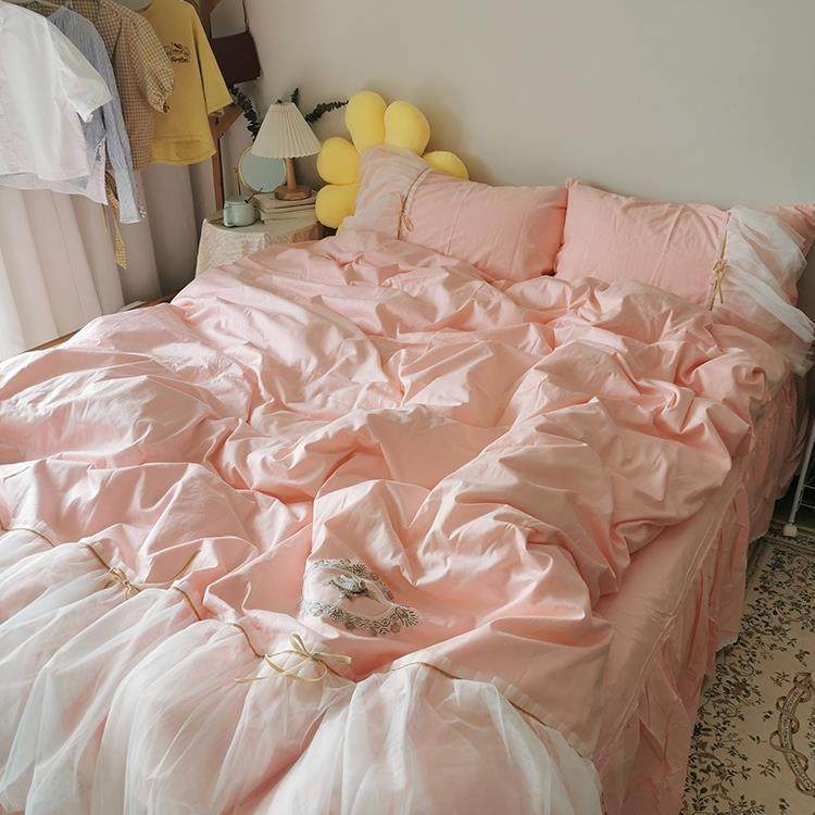 高档色公主风全棉床床上四件套I新NS小清纯棉被裙套少女心蕾丝床