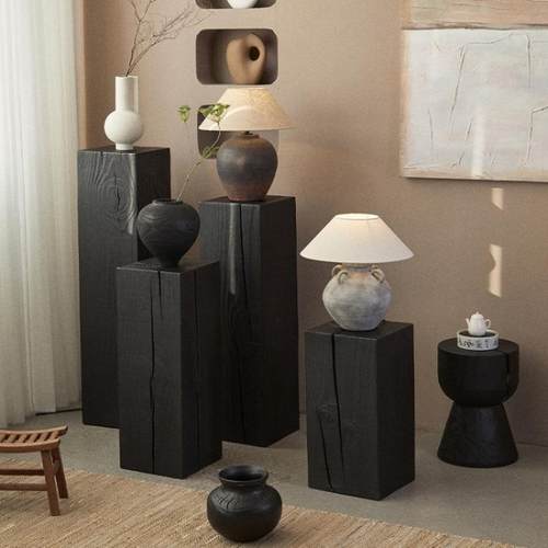 侘寂风碳化黑色原木墩子民宿摆件方形树桩创意实木家用矮凳边角几