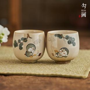 景德镇手绘蓝胖子茶杯主人杯卡通窑变茶具个人专用手工陶瓷单杯