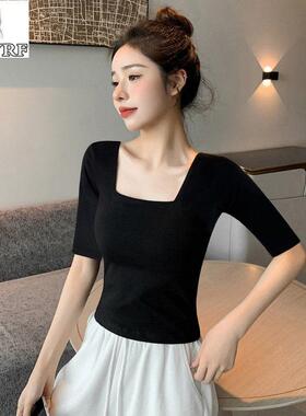 LYQ YRF黑色中袖方领t恤女春夏季纯棉半袖法式低领修身五分袖上衣