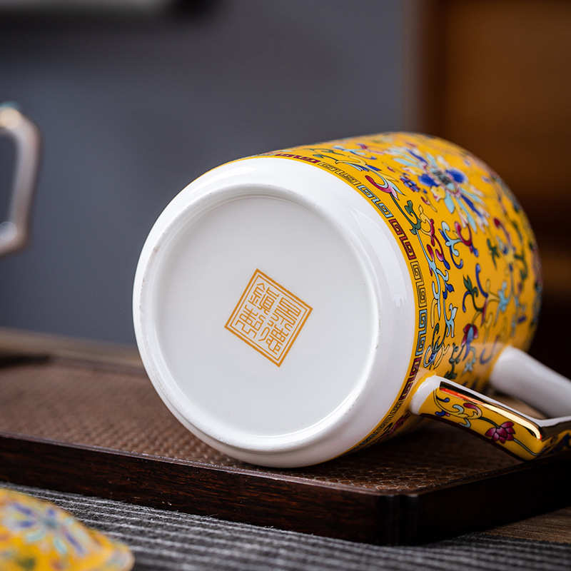 金边缠枝福办公杯大容量家用茶杯中式创意杯骨瓷盖杯景德镇礼品瓷