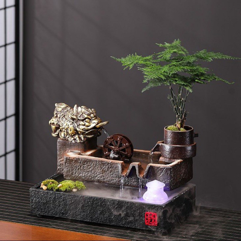 Qt貔貅金蝉流水造景陶瓷鱼缸客厅茶空间桌面R装饰品店铺开业礼
