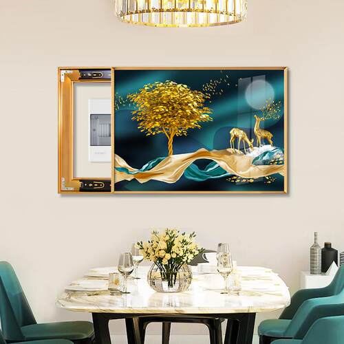 网红电横表挂画鱼遮挡箱推拉配电箱图饰画免打孔版装餐厅晶瓷电表