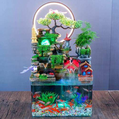 送水草大鱼山水缸假流水饰风轮摆件乔迁客厅养鱼喷泉装开WZO业送