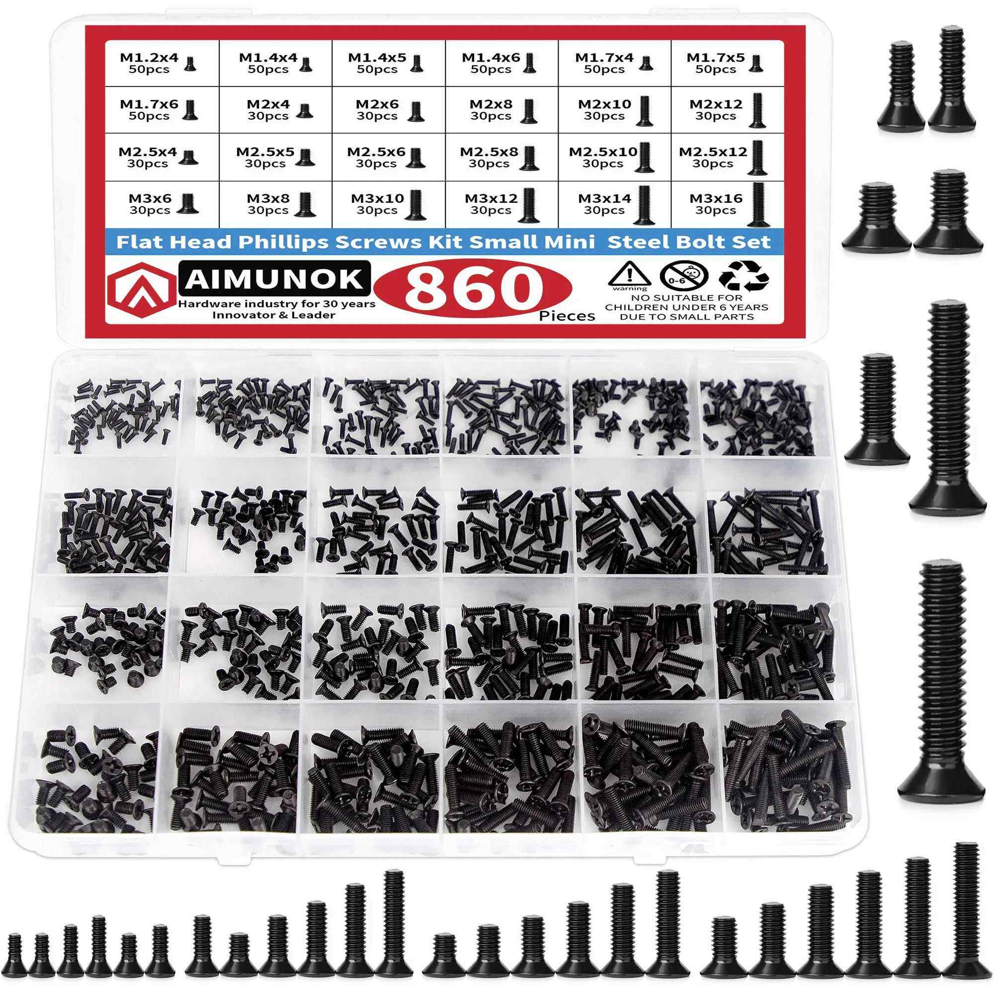 860PCS 小型电脑螺丝组合套件黑色微型眼镜螺丝M1.2 M1.4 M2 M3