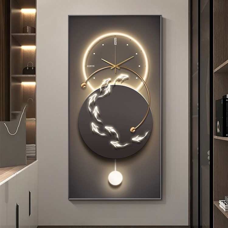 现代简约九鱼图玄关装饰画钟表挂钟客厅走廊过道挂画创意时钟壁灯