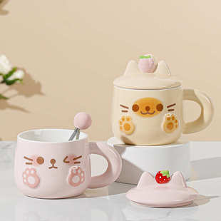 家居杯子ins高颜值猫咪水果杯带盖勺马克杯学生可爱水杯伴手礼品