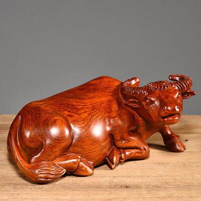 花梨木雕水牛摆件 手工雕刻生肖牛 家居复古风格木雕摆设