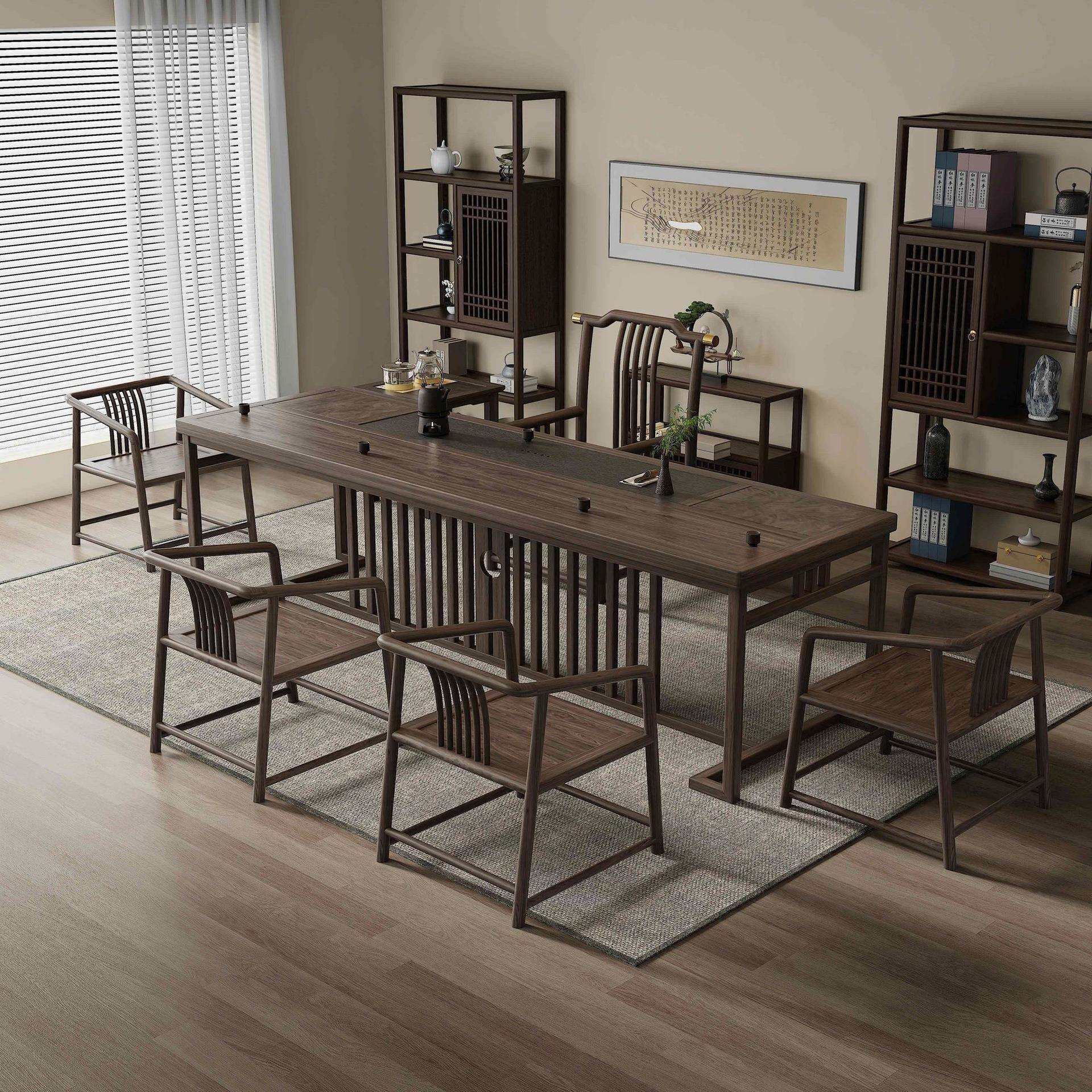 乌金茶桌椅组合一桌五椅办公室套装现代简约一体新中式实木泡茶台