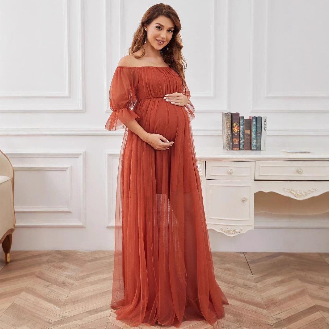 Sheer Off-Shoulder Double Skirt Maxi Maternity Dress Below图片
