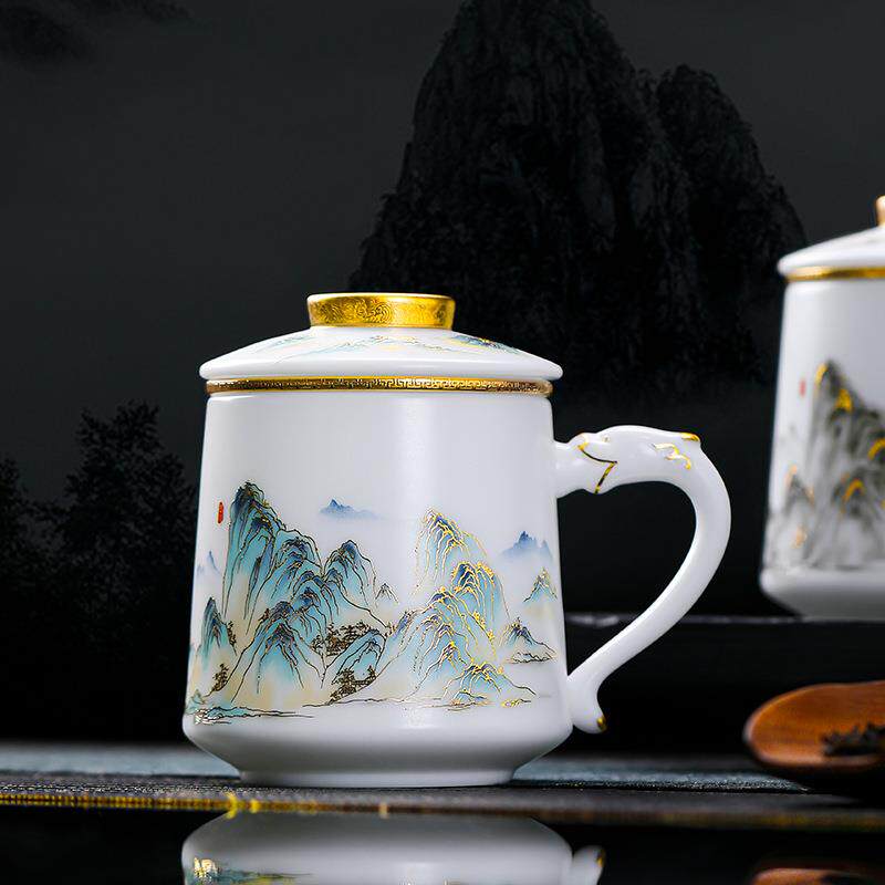 素烧冰种玉瓷办公杯茶水分离杯陶瓷泡茶杯水杯带盖大容量马克杯