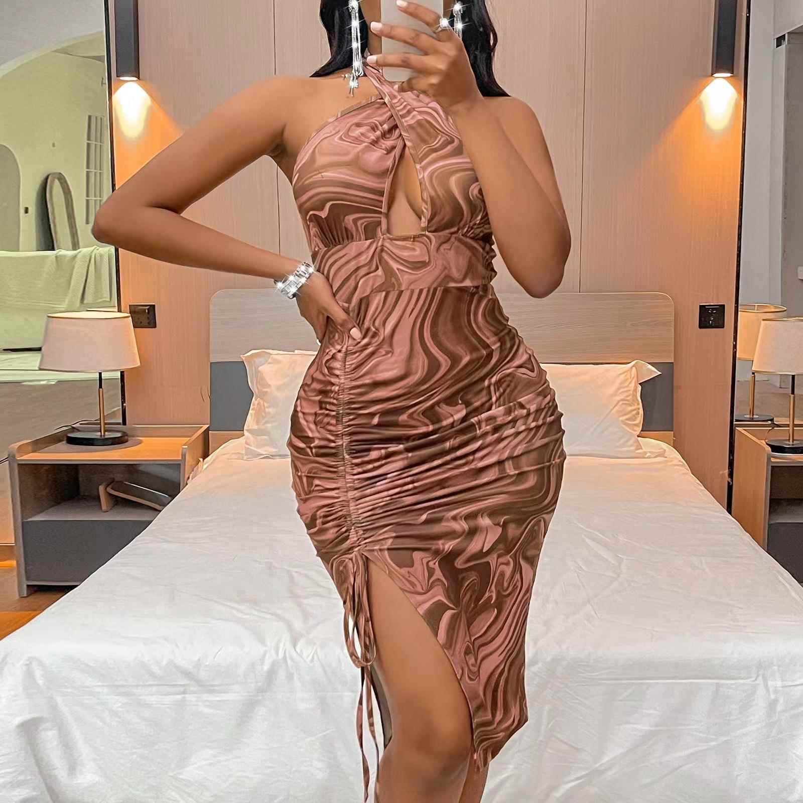 Water sexy dress backless drawstring slit halter skirt neck