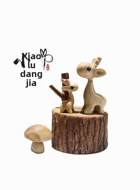 木雕长颈鹿一鹿相伴香樟木雕刻家居创意摆件原创实木怀旧生日礼物