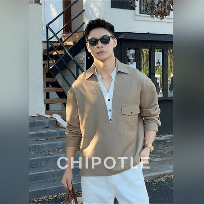 韩国CHIPOTLE复古老钱风V领假两件衬衫男士2026春季轻奢长袖衬衣