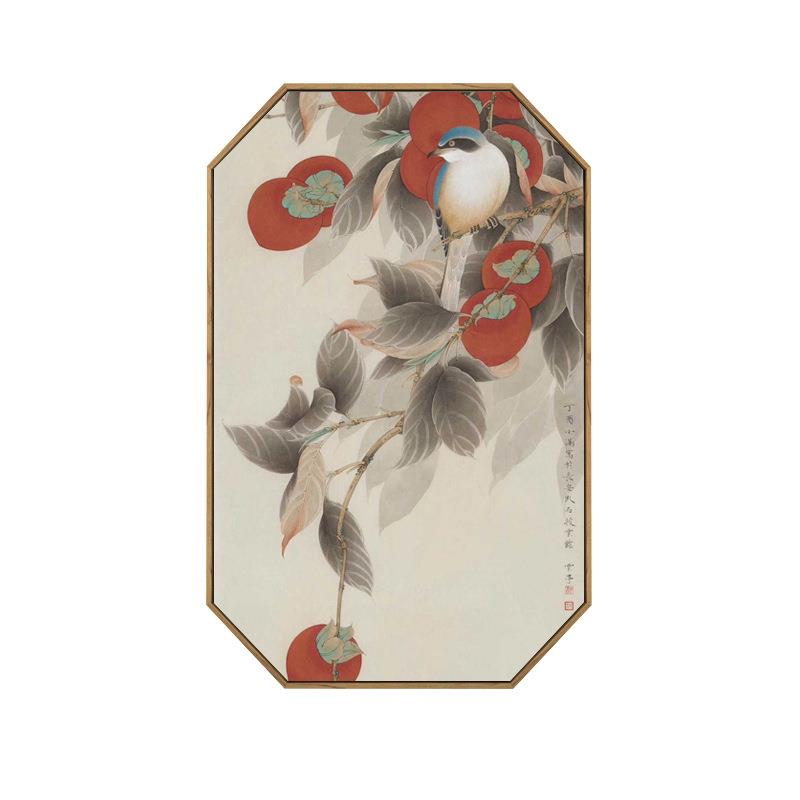 万事如意新中式客厅装饰画中国风鸟柿子工笔国画茶室样板房壁画