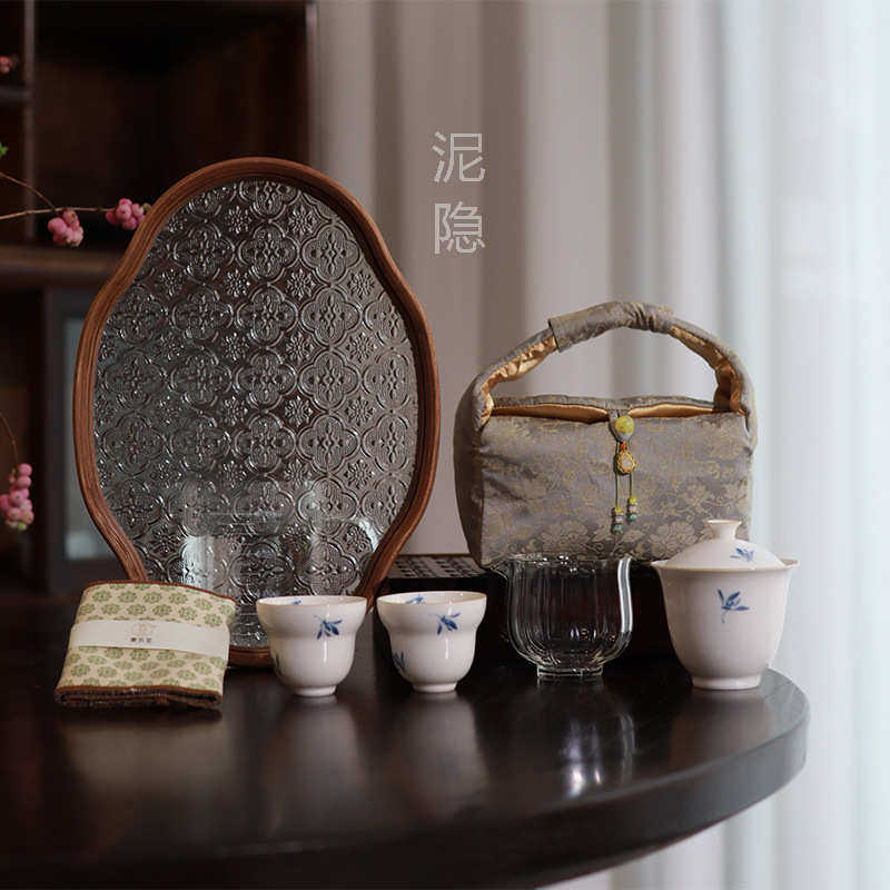 舒苑手绘兰花盖碗釉下彩功夫茶具不烫手家用组合旅行茶具织锦布包
