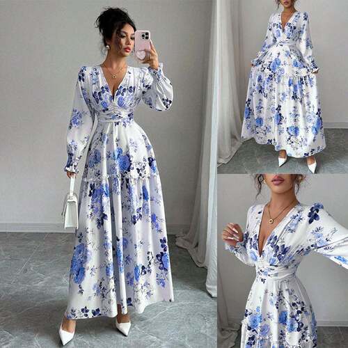 Womens Floral Print Dress French Romantic Design Ruched