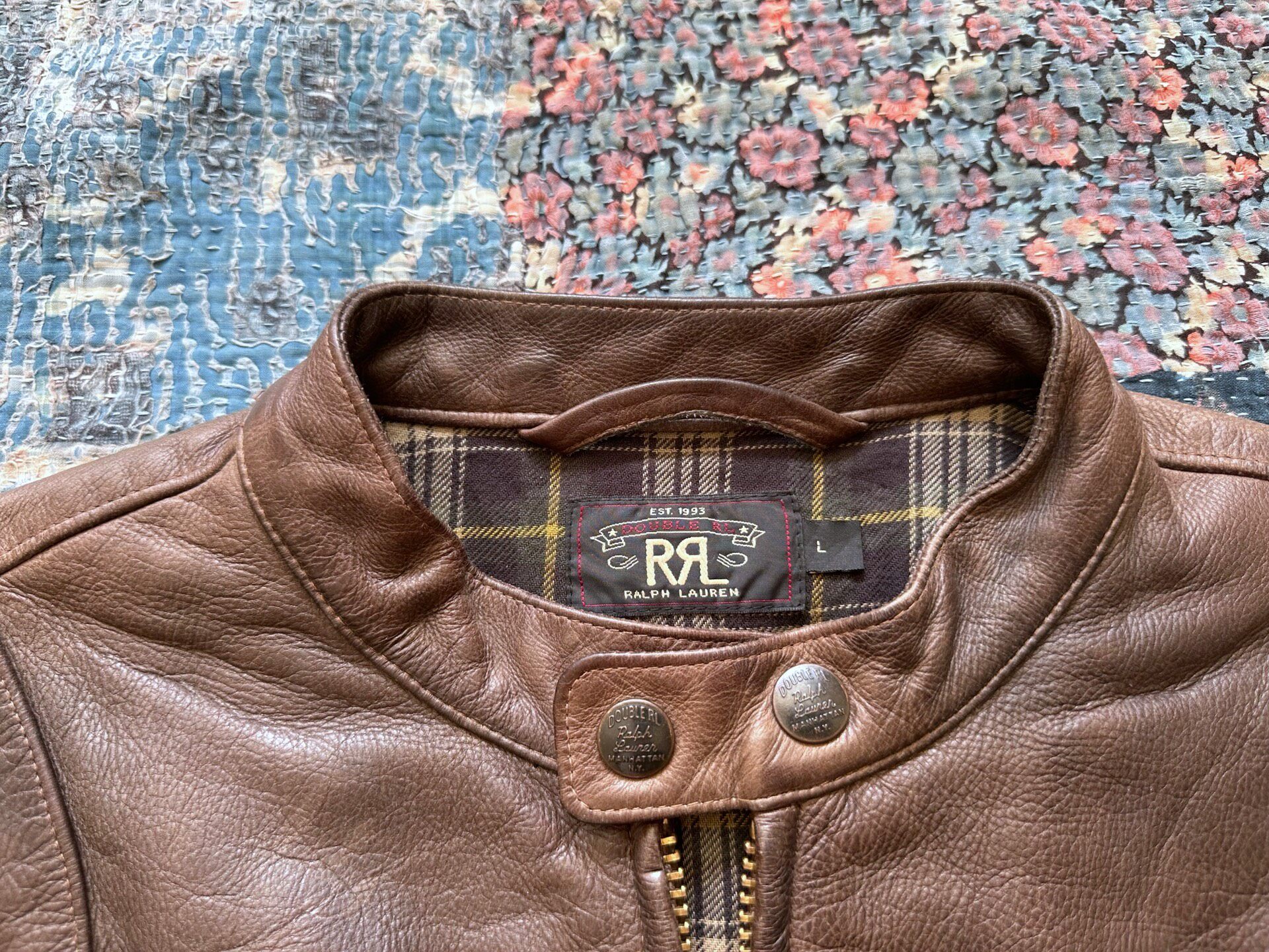 RRL Brown Leather Motorcycle Jacket — detail