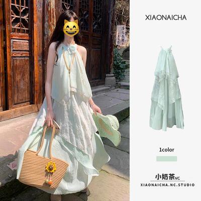 薄荷绿曼波风海边度假挂颈洋装女小个子设计感不规则拼接长裙夏