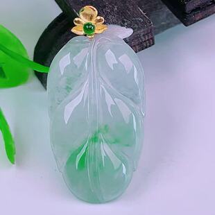 缅甸天然翡翠正品18k金扣头冰种飘阳绿高端闪拍金枝玉叶玉石吊坠