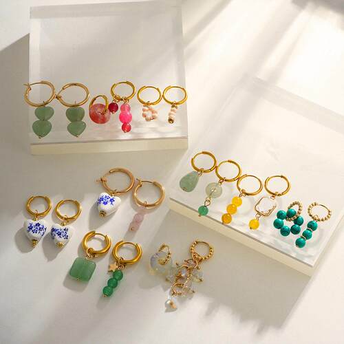 Bohemian Handmade Natural Stone Beads Hoop Earrings for Wome