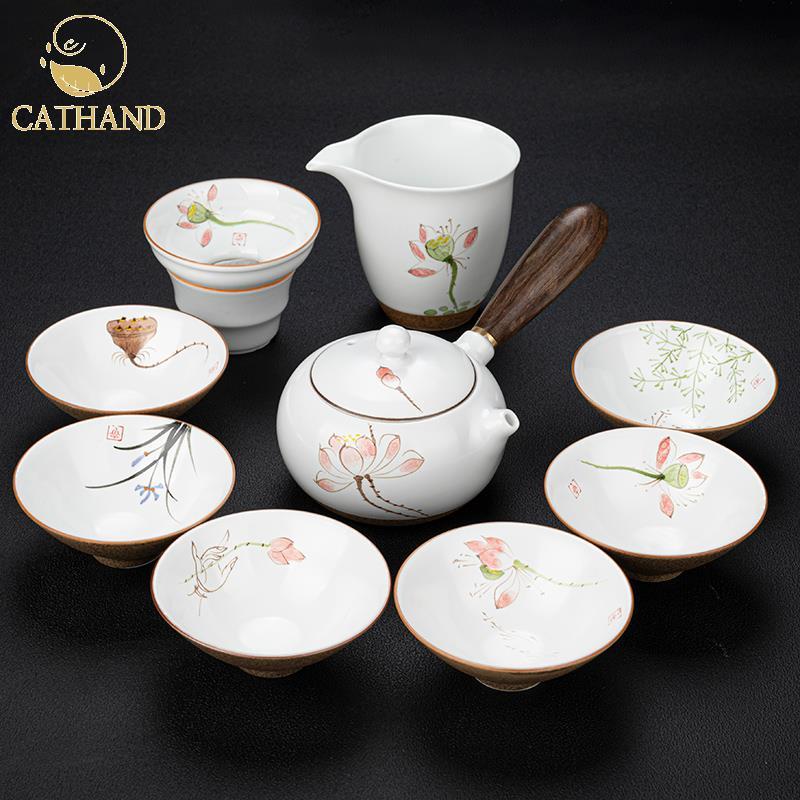 景德镇茶具手绘陶瓷盖碗功夫斗笠罗汉茶杯茶壶家用套装办公室礼品