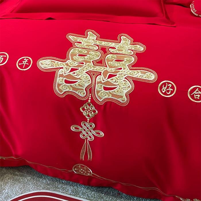 新婚庆四件套全棉纯棉大红色刺绣结婚礼婚房喜庆六十件套床上用品