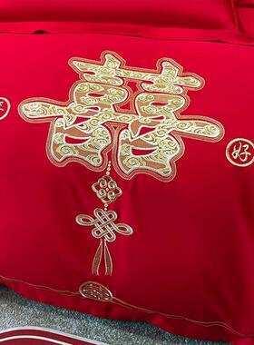 新婚庆四件套全棉纯棉大红色刺绣结婚礼婚房喜庆六十件套床上用品