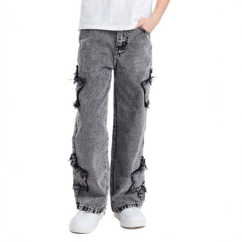 Girls Star Decor Straight Leg Jeans High Waist Elastic